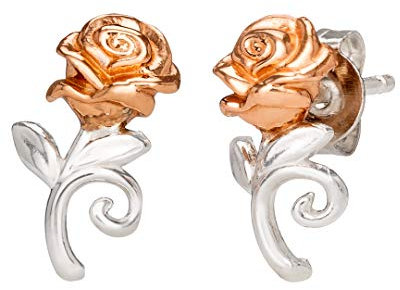 Disney Beauty and the Beast, Sterling Silver Two Tone Rose Stud Earrings