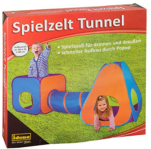 Idena 40118 - Spielzelt mit Tunnel für Kinder, für drinnen und draußen geeignet, ca. 265 x 95 x 100 cm