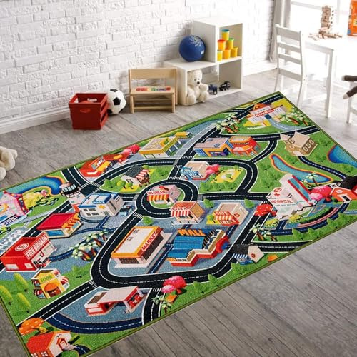 Booooom Jackson Car Rug Play Mat for Kids, 4'11 x 2'7 Rug,Car with Roads Bedroom, Kid Carpet Toddler Boy, Car Area Non-Slip Backing, Car Educational Cars and Toys