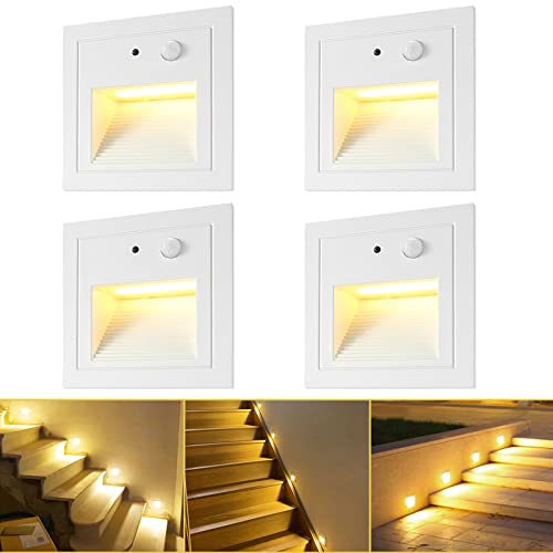 GEYUEYA Home LED Treppenbeleuchtung Warmweiß 4er Set, mit Bewegungsmelder, Treppenlicht, IP65 Wasserdicht, 230V Sicherheit, 3W Gleichmäßige warme Lichtquelle, Aluminuim(Weißes)