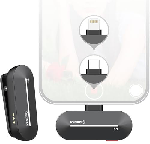 Moman Micrófono Inalámbrico para iPhone, CP1(A) 2,4 GHz Wireless Micro para Móvil con Interfaz Lightning para Youtube/Vlogging/Live Streaming, Micrófono-Inalámbrico-Wireless-iPad-iPhone