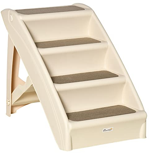 PawHut Escalera Plegable para Mascotas de 4 Peldaños Escalón para Perros Gatos Portátil con Alfombras Antideslizantes para Cama Sofá Carga 20 kg 62x38x49,5 cm Beige