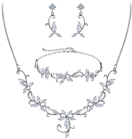 Clearine Braut Schmuck-Set für Damen Marquise Zirkonia CZ Statement Halskette, Ohrringe und Armband-Set für Hochzeit Party Klar Silber-Ton