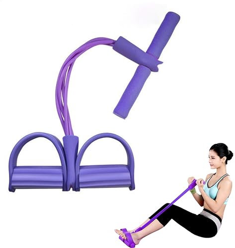 Multifunktionales Gummiband Widerstandsband mit 4-elastischen Latexschläuchen und -pedalen, zum Training von Bauch Gesäß Beinen und Armen zu Hause (Lila)
