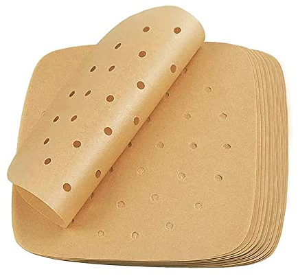 100 fodere per friggitrice ad aria, 18 cm, carta pergamena perforata, antiaderente, carta oleata, quadrata, per forno e forno (perforata marrone)