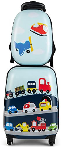 COSTWAY Valise Enfants à roulettes 16’’ & Sac à Dos 12’’ avec Poignée Télescopique, Bagage Enfants avec Motif Voiture d'avion, 4 Roues Rotatives, Lot de 2 Valise pour Fille Garçon (Voiture)