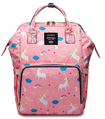 Atsabdas Wickeltasche, Rucksack für Mama, Papa, Umstands-Wickeltasche, Wickelrucksack mit Kinderwagengurten (Einhorn-Druck)