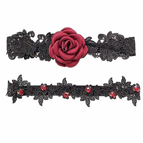 SHTGOI Liga de encaje para novia, liguero bordado, liguero con flores de rosas con estrás, juego de cinturones de jardinería elásticos, accesorios de novia para dama de honor, boda, decoración, negro
