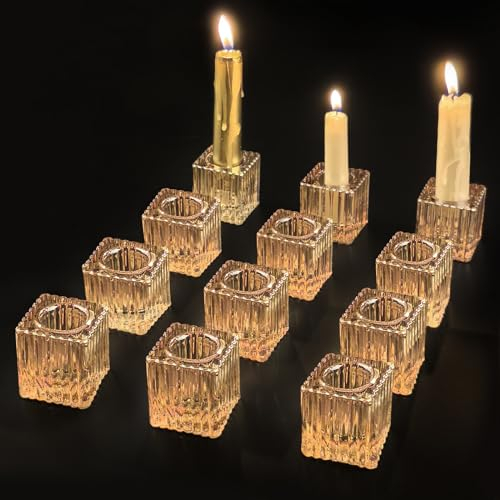 LALAGO 12 STK.Kerzenhalter Glas Stabkerze, Transparent Kerzenständer Glas Stabkerzen Stabkerzenhalter,Kerzenleuchter Kerzen Ständer für Tafelkerzen Baumkerzen Kerzen (Amber)