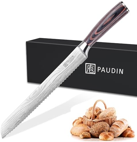PAUDIN Brotmesser mit Wellenschliff 26 cm aus hochwertigem rostfreiem Edelstahl, extra scharfe Messerklinge mit ergonomischem Pakkaholzgriff