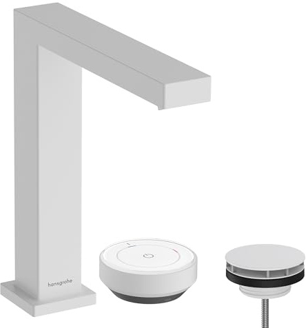 hansgrohe Tecturis E - 2-Loch Waschtischarmatur mit Ablauf, energiesparend (CoolStart), Wasserhahn Bad mit Auslauf Höhe 173 mm, Mischbatterie Waschbecken wassersparend (EcoSmart+), Mattweiß, 73053700