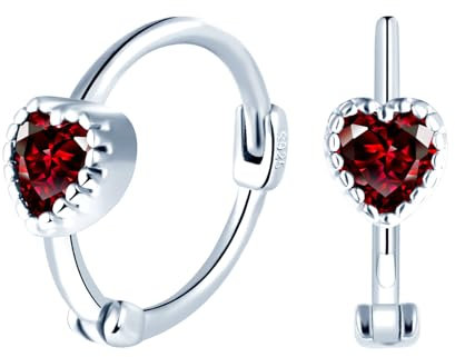 MICGIGI Ladies 925 Sterling Silver Hoop Earrings 10MM Red Heart Cubic Zirconia, Red Stone