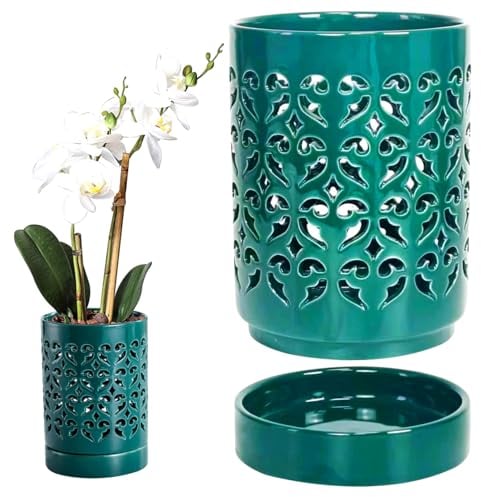 Veesper Orchid Pots with Holes 4 Inch Orchid Planter, Breathable Orchid Pots for Repotting Ceramic Plant Pot with Saucer for Orchid Promotes Air Circulation Plant Growth Green.