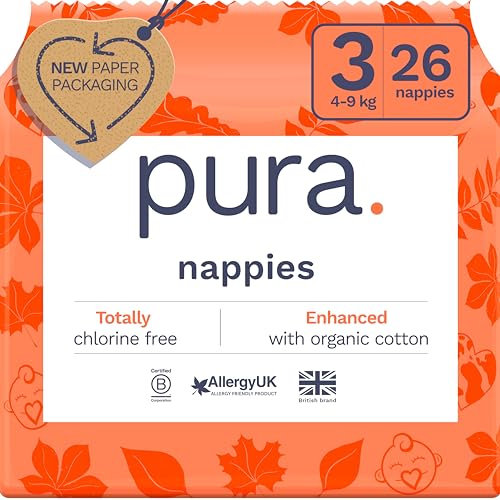Pura Eco Baby Nappies - Size 3 (4-9kg / 9-20 lbs), 1 Pack (26 Nappies), Ultra Soft Nappies for Sensitive Skin, Organic Cotton, Up to 12hrs Leak Protection, New Size Guide