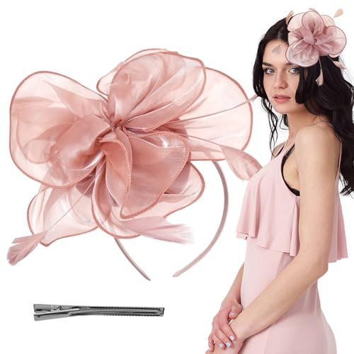 Ladies Fascinator Wedding Hat, Feather Mesh Veil Wedding Bridal Shower Flower Headband Party Hat AscotHair Fascinators for Tea Party,Weddings, Races, Royal Ascot, Hair Piece(Peach Pink)