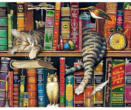 KEYIFA Peinture par Numéros pour Adulte, Kits de Peinture au Numéro avec Peinture Acrylique et Pinceaux, DIY Creatif Chat mignon et livre Toile Peinture à l'huile, Décoration de Maison 50x40CM