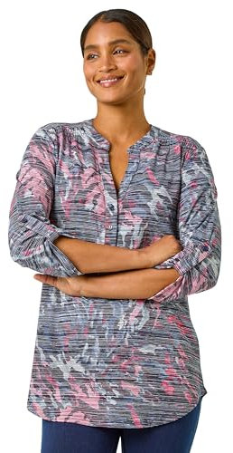 Roman Originals Shirt for Women UK Ladies Top Collarless Blouse Stretchy Tunic Smart Casual Autumn Winter Jersey 3/4 Length Sleeve Notch V Neck Flattering Office Work - Blue Pink - Size 14