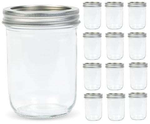 Yodecy 12 Pack 16 oz Wide Mouth Clear Mason Jars with Silver Metal Lids, Canning Jars for Overnight Oats, Food Storage, Dry Food, Snacks, Candies and More
