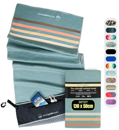 WOODSANDWAVES Sporthandtuch Fitnessstudio mit Reißverschluss Tasche & Magnet - Schnelltrocknend & rutschfest - Mikrofaser Fitness Handtuch Sport Fitnesshandtuch - Gym Handtuch & Zubehör - 130x50 cm