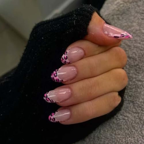 24PCS Almond Press on Nails - Pink False Nails - Pink Based with Heart Pattern on Tip Stick on nails - Nails French Tip Nail Art Acrylic False nails with Glue Home DIY Nail Art