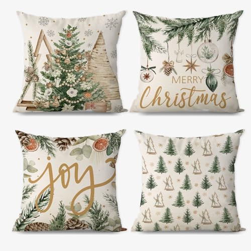 AIBIIN Kissenbezüge mit Aufschrift Merry Christmas, 4 Stück, Winter, Weihnachtsbaum, Schneeflocken, Leinen, für Urlaub, Wohnzimmer, Sofa, Stuhl, Zuhause, Büro, Geschäft, Dekoration, Geschenk, 45 x