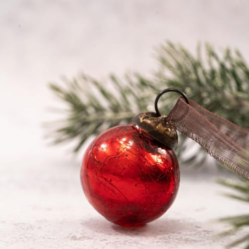 Arthur Cameron - Set of 6 Small 1 Hand-Blown Crackle Glass Balls - 3cm Small Hanging Ornaments with Bronze Caps & Organza Ties – Christmas Tree Decorations (Red)