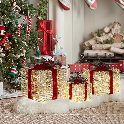 Hometopia 3er Set LED Geschenkboxen – Weihnachtsdeko in Silber mit roten Schleifen und Beeren – Batteriebetrieben