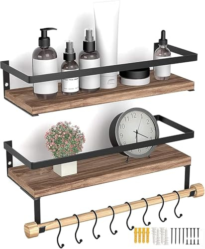 Wandregal Holz Schweberegale, 2er Set mit Handtuchhalter Schwimmende Regale | Wand Aufbewahrungs Regal Hängeregal Ideal für Badezimmer Küche Wohnzimmer Büro