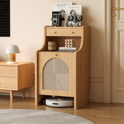 Hoixin Meuble de Rangement Caché pour Aspirateur Robot, Meuble Aspirateur Robot, Armoire avec Portes et Tiroirs, Table d’appoint en Bois pour Salon Cuisine ou Bureau(Beige,50x45x90cm)