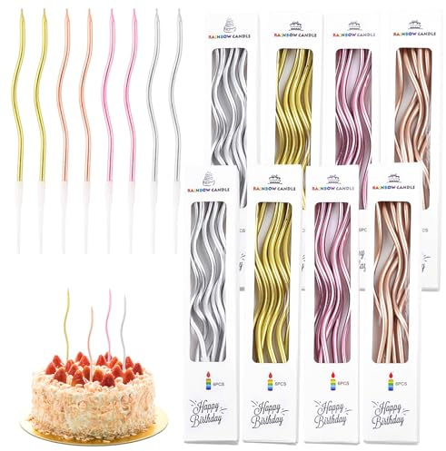 Geburtstagskerzen 48 Stück, Gebogene Spiral Kerzen für Torte und Kuchen, Tortenkerzen mit Halter in 4 Farben, 2 Boxen Elegant Partydeko, Geburtstagskerze für Hochzeit Feiertag, Birthday Candles Set