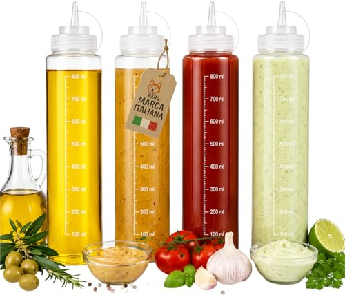 AKITAInk Set 4 Bottiglie Squeeze per Salse Dosatrici in Plastica da 800 ml, Contenitori Ideali per Ketchup, Olio, Condimenti e Cucina