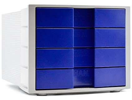HAN Schubladenbox IMPULS 1010-X-14 in Lichtgrau/Blau / Stapelbare Sortierablage mit 4 großen, geschlossenen Schubladen für DIN A4/C4 / inkl. Beschriftungsschilder