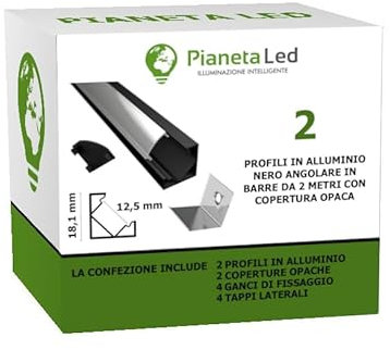PROFILI IN ALLUMINIO NERO 45° 6063 TL1919 IN BARRE DA 2 MT PER STRISCE A LED CON COVER OPACA TAPPI E GANCI DI MONTAGGIO INCLUSI (2, cover opaca)