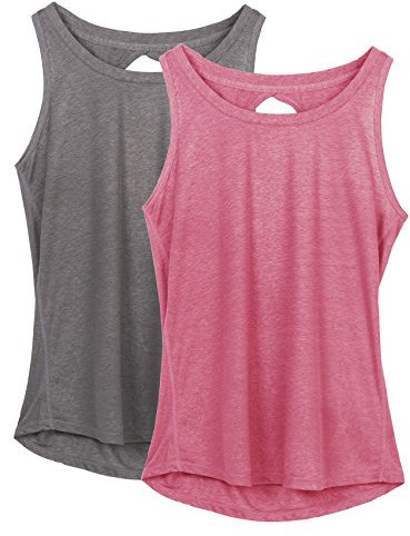 icyzone Damen Sport Top Rückenfrei Fitness Yoga Tank Top Leichte Ärmellos Sommer Casual Shirts, 2er Pack (L, Grau/Rosa)