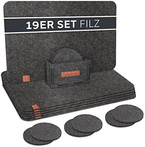 TULENO® Tischset Filz schwarz 19-teilig - Platzdeckchen abwaschbar inkl. Untersetzer - Platzsets abwaschbar als Tischuntersetzer & Tischunterlage Esstisch - Tischsets rutschfest - Platzset abwischbar