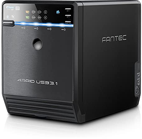 FANTEC 4fach USB3.2 Gen2 RAID Festplattengehäuse für 4X SATA 3,5/2,5 Zoll SSDs oder HDDs, Transfer bis 10Gbit/s, 2X zweifach RAID, mit USB-C & USB-A Hub, Lüfter Automatik, Metall, schwarz