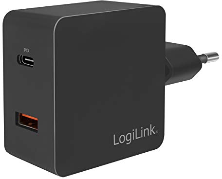 LogiLink PA0220 - USB Steckdosenadapter (1x USB-A, 1x USB-C™) PD 18W (PowerDelivery) für Smartphones/Tablets/eBooks/Navi/Notebooks/etc. - Überlade-, Tiefentlade-, Überlast- und Kurzschlussschutz, QC