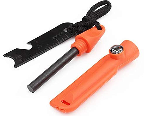 Feuerstarter Feuerstein für Survival Camping Outdoor Bushcraft im Kunststoffgehäuse mit Metallschaber, Kompass, Flaschenöffner - orange