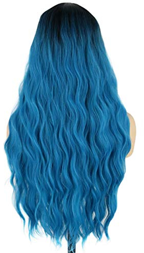 Topcosplay Lang Gewellt Perücke für Frauen Super Natürlich Synthetische Wig Locken Perücken für Anime Cosplay Kostümparty Halloween Karneval (Blau)