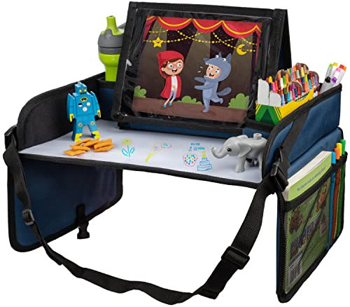 Lusso Gear Kids Travel Tray for Toddler Car Seat, Travel Tray for Kids Car Seat, Lap Tray for Airplane, Travel Desk Essential Accessories, Carseat Table Tray for Kids Road Trip Activities (Blue)