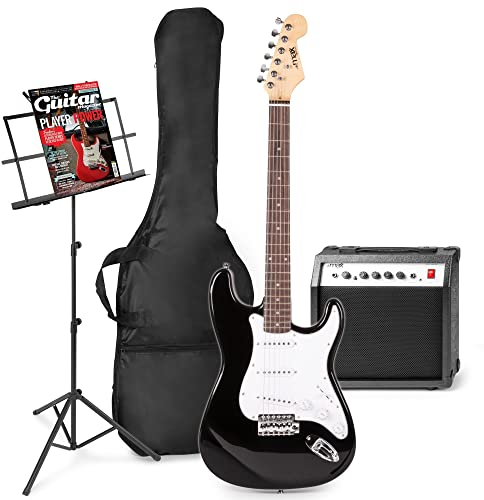MAX GigKit E-Gitarre Set - Gitarrenverstärker 40 Watt, Electric Guitar, Notenständer, Gitarrentasche, Stimmgerät, Instrumentenkabel, Gitarrengurt und Zubehör - Schwarz