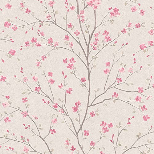 Kirschblüten Tapete weiß rosa | Japanische Vliestapete mit Blumen romantisch | Chinesische Frühlingstapete floral ideal für Schlafzimmer | 10,05 x 0,53 m