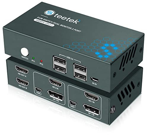 KVM Switch Dual Monitor 2 Port 4K@60Hz, 4 USB2.0, 2 PC 2 Monitor Switch, DP 1.2, HDMI Out, Button Switch