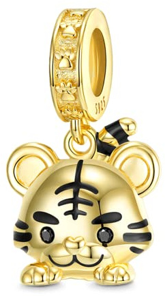 GNOCE Süßer Tier-Anhänger Charm Bead 925 Sterling Silber 18 Karat vergoldet Double-Face Tiger Dangle Charms für Armbänder Halskette Schmuck Geschenk für Muttertag