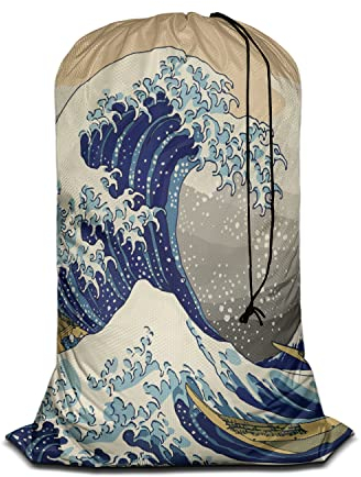 Swono Wäschesack mit Kordelzugverschluss, japanische Welle, extra groß, riesig, strapazierfähiges Oxford-Gewebe, die große Welle aus der Kanagawa Ocean Serie, starke Leistung, maschinenwaschbar