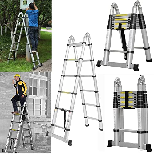 2,5m+2,5m Teleskopleiter Klappleiter, Edelstahl Mehrzweckleiter mit Stabilisator, rutschfest Verlängerungsleiter Anlegeleiter, 150kg Tragkraft, EN131