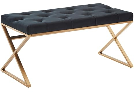 FineBuy Sitzbank Samt Schwarz 90x46x44 cm Flur Polsterbank mit Metallgestell, Bettbank Schlafzimmer Chesterfield Design, Flurbank Garderobenbank Modern