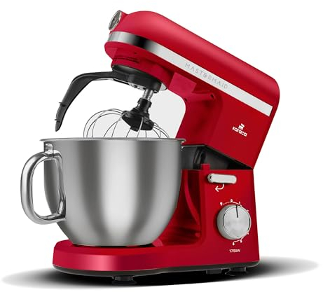 Karaca Mastermaid Chef Pro Stand Mixer - 1750W Electric Stand Mixers for Baking, Dough Mixer with Non-Stick 5L Bowl, Dough Hook, Whisk, 6-Speed Cake Mixer with Bowl and Stand, Imperial Red