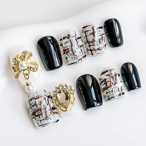 Sun&Beam Nails Handmade Press-on Short Square White Black Stripes Rhinestone 3D Design Fashion False Nail Tips 10 Pcs Set (#047 S)