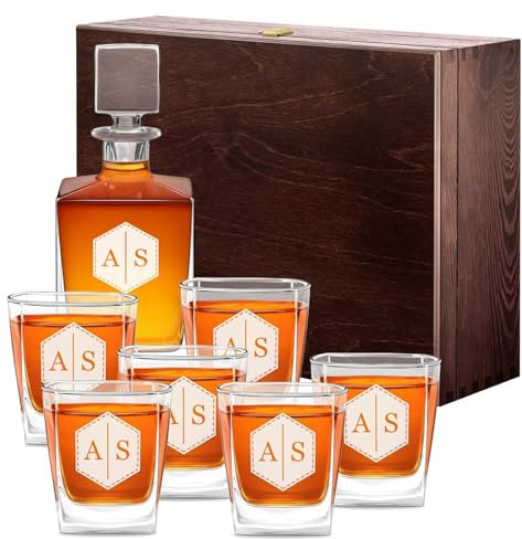 Maverton Set Whisky personnalisable - Ensemble de Carafe whisky 810 ml et 6 verres de 250 ml - Souvenir pour meilleur copain - Service Whiskey- Idee Cadeau Homme - Cadeau Anniversaire Homme -Initiales
